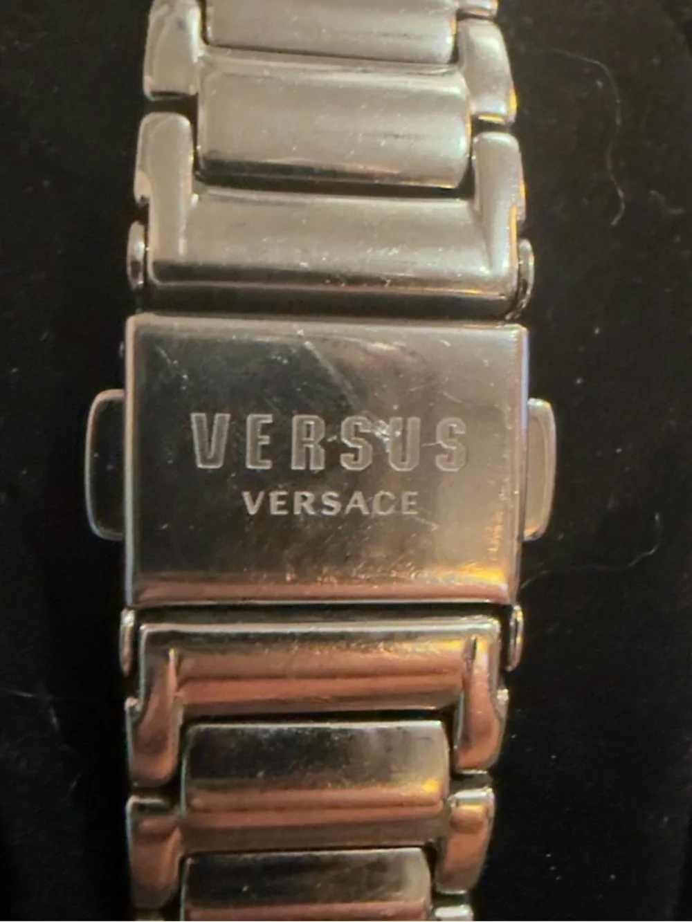 Versace Silver Tone Crystal-Accented Black Dial Watch